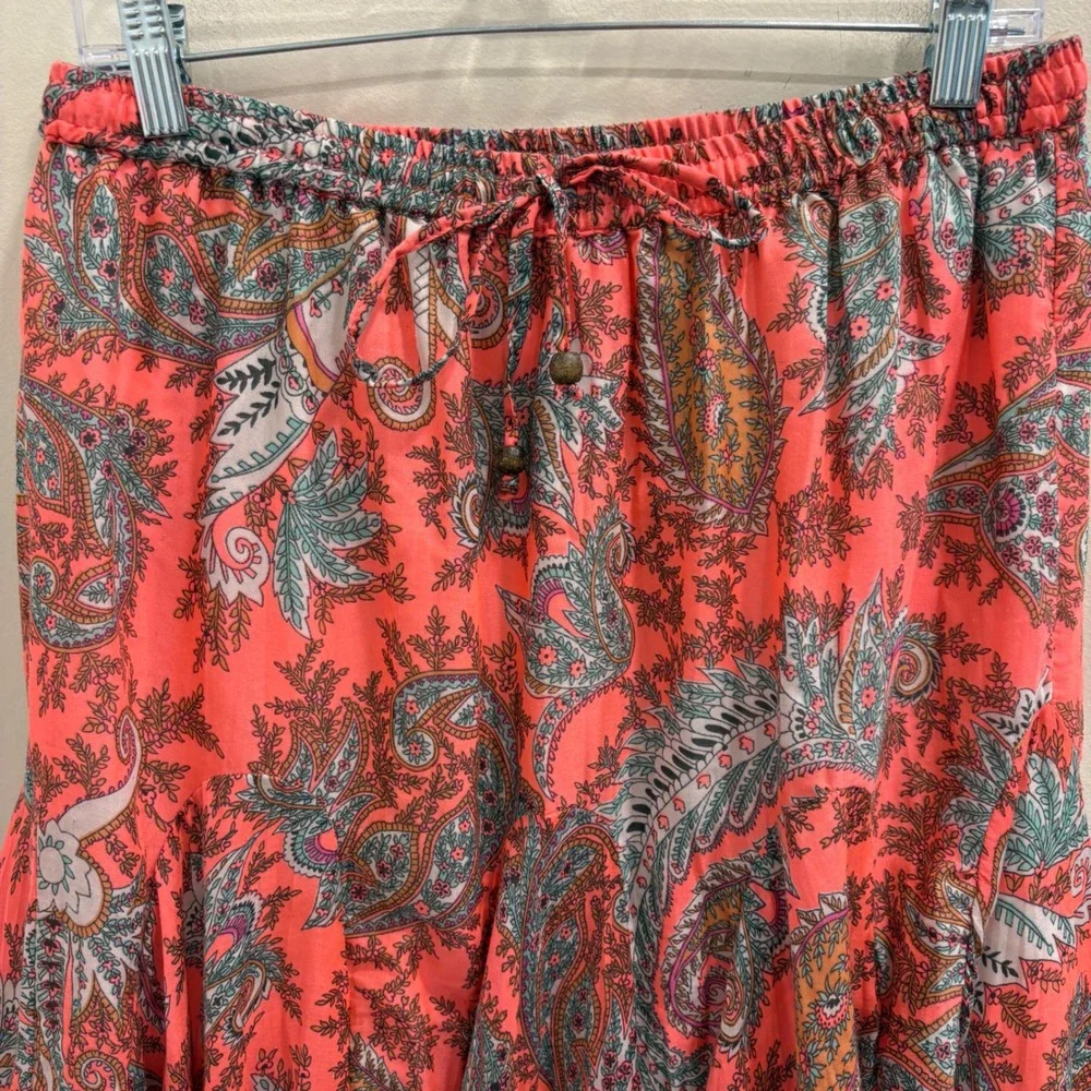 VTG Y2K Mix Nouveau Coral Paisley Boho Fairy Pull-On Maxi Midi Skirt Godet Large